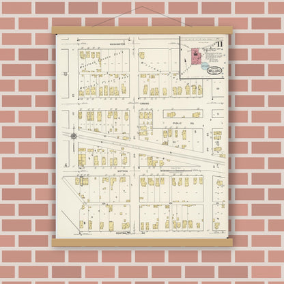 Old map wall art mockup — magnetic wood frame on brick wall — Sanborn Fire Insurance Map from Willard, Huron County, Ohio (1922), Sheet #0011