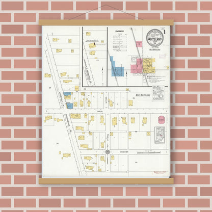 Old map wall art mockup — magnetic wood frame on brick wall — Sanborn Fire Insurance Map from Whiteland, Johnson County, Indiana (1916) - Complete Map Set