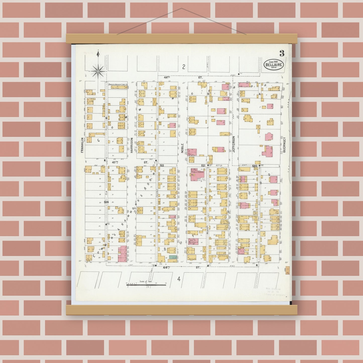 Old map wall art mockup — magnetic wood frame on brick wall — Sanborn Fire Insurance Map from Bellaire, Belmont County, Ohio (1900), Sheet #0003