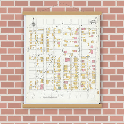 Old map wall art mockup — magnetic wood frame on brick wall — Sanborn Fire Insurance Map from Bellaire, Belmont County, Ohio (1900), Sheet #0003