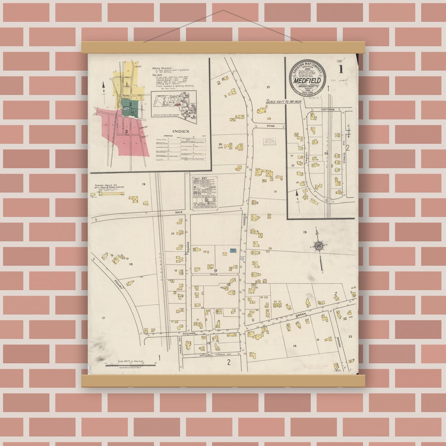 Old map wall art mockup — magnetic wood frame on brick wall — Sanborn Fire Insurance Map from Medfield, Norfolk County, Massachusetts (1922) - Complete Map Set
