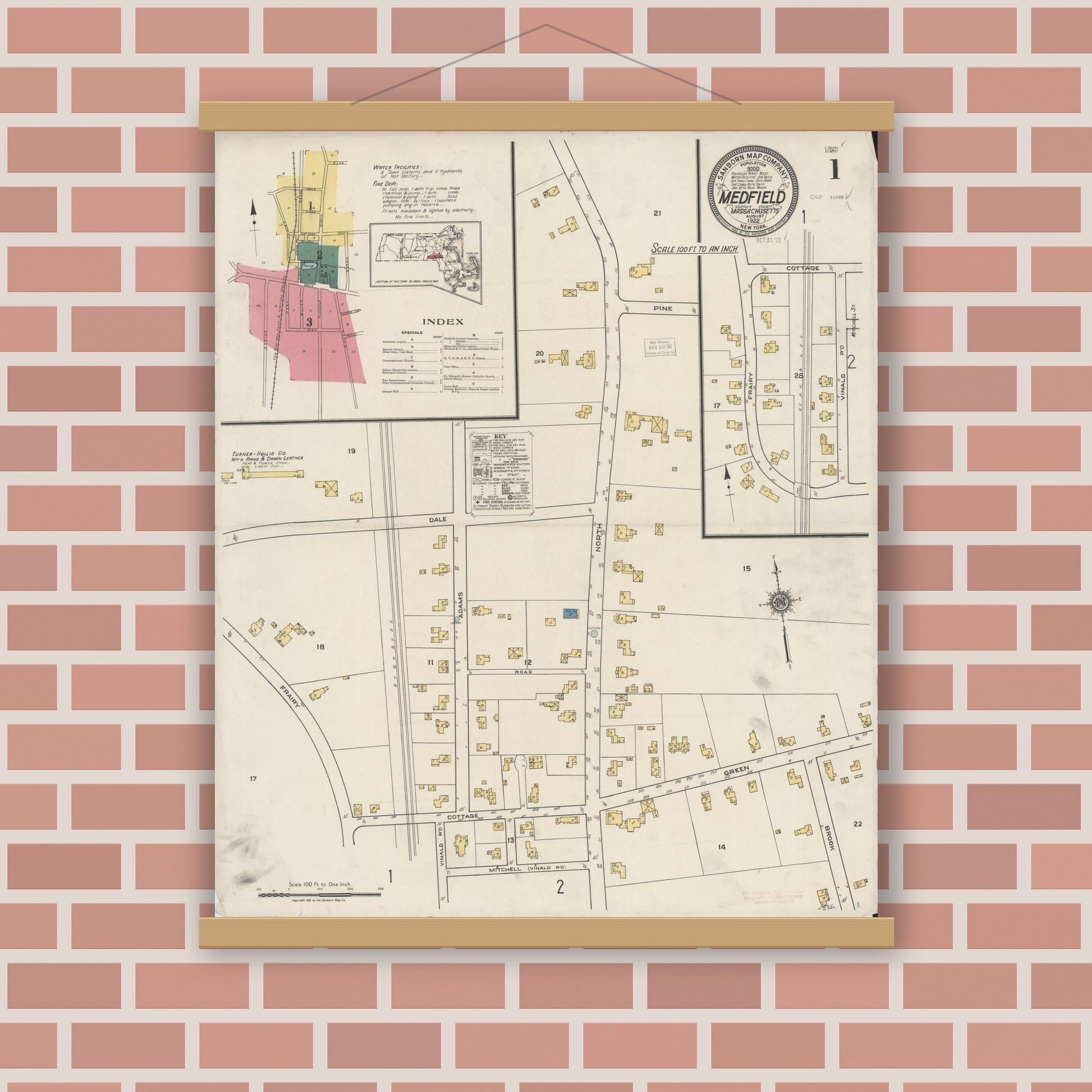 Old map wall art mockup — magnetic wood frame on brick wall — Sanborn Fire Insurance Map from Medfield, Norfolk County, Massachusetts (1922) - Complete Map Set