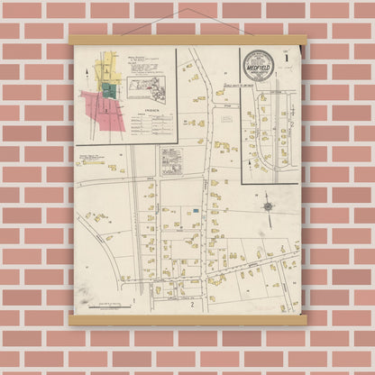 Old map wall art mockup — magnetic wood frame on brick wall — Sanborn Fire Insurance Map from Medfield, Norfolk County, Massachusetts (1922) - Complete Map Set