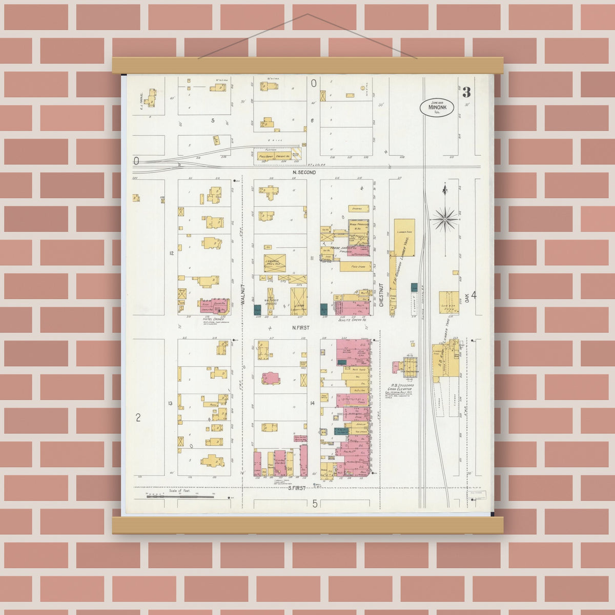 Old map wall art mockup — magnetic wood frame on brick wall — Sanborn Fire Insurance Map from Minonk, Woodford County, Illinois (1906), Sheet #0003