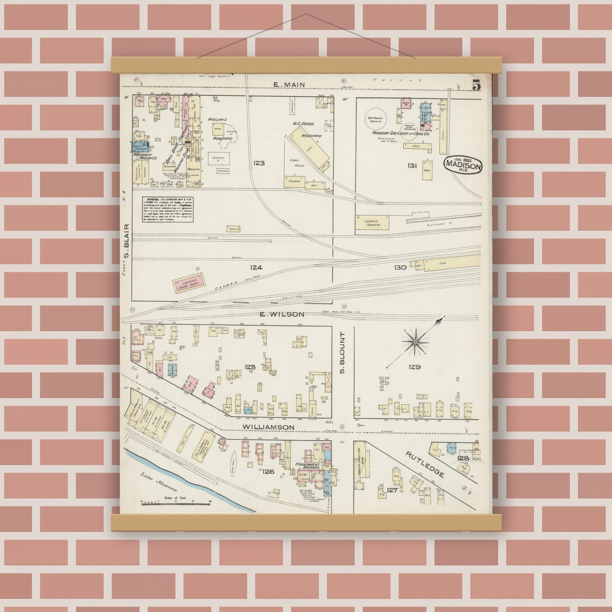 Old map wall art mockup — magnetic wood frame on brick wall — Sanborn Fire Insurance Map from Madison, Dane County, Wisconsin (1885), Sheet #0005