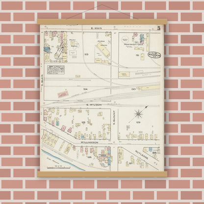 Old map wall art mockup — magnetic wood frame on brick wall — Sanborn Fire Insurance Map from Madison, Dane County, Wisconsin (1885), Sheet #0005