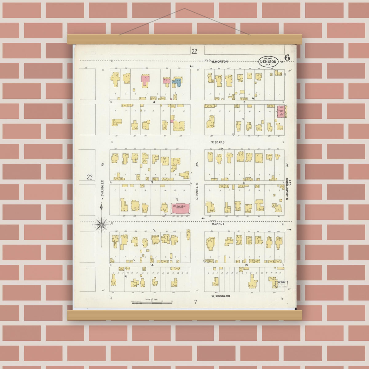Old map wall art mockup — magnetic wood frame on brick wall — Sanborn Fire Insurance Map from Denison, Grayson County, Texas (1903), Sheet #0006