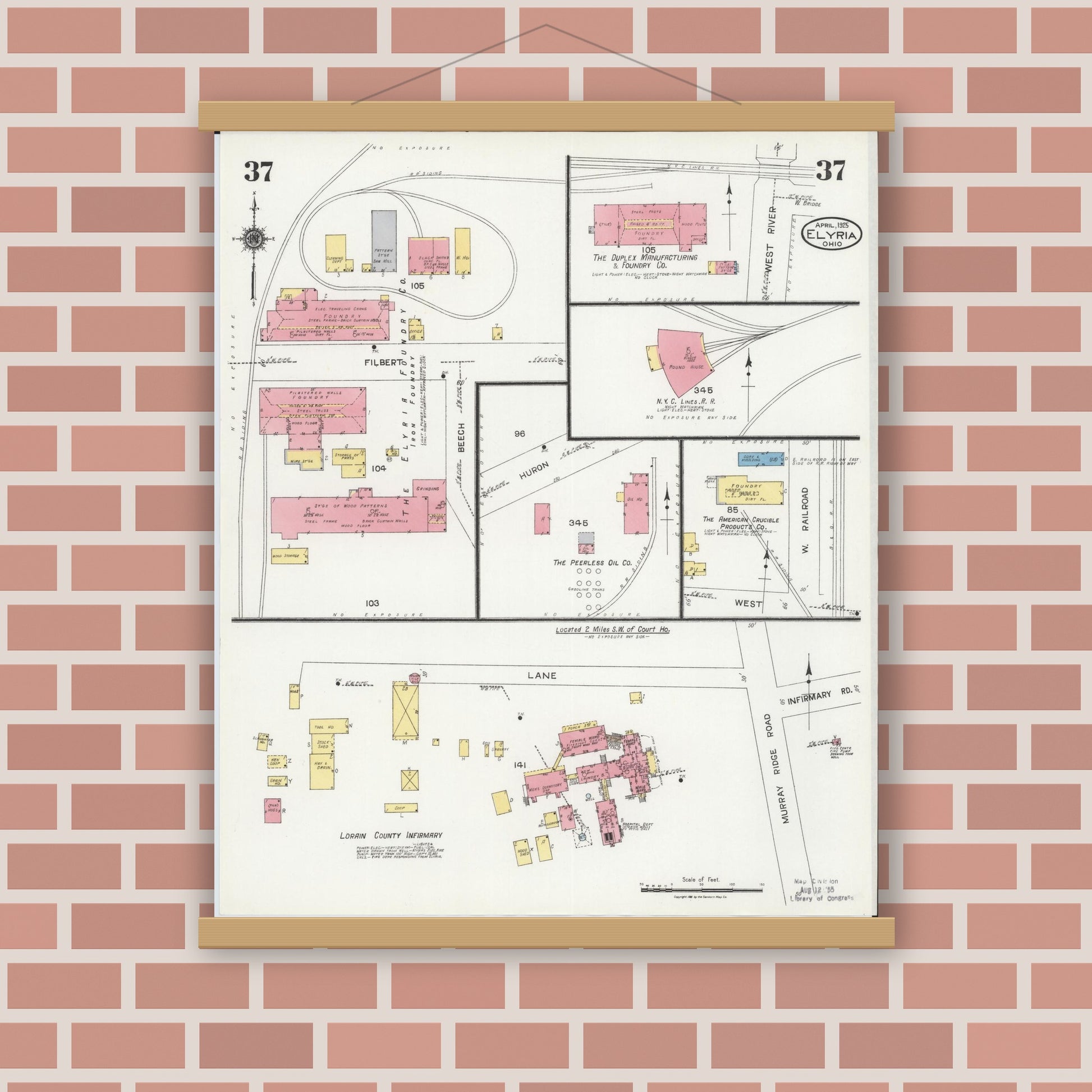 Old map wall art mockup — magnetic wood frame on brick wall — Sanborn Fire Insurance Map from Elyria, Lorain County, Ohio (1925), Sheet #0037