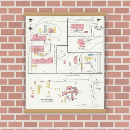 Old map wall art mockup — magnetic wood frame on brick wall — Sanborn Fire Insurance Map from Elyria, Lorain County, Ohio (1925), Sheet #0037
