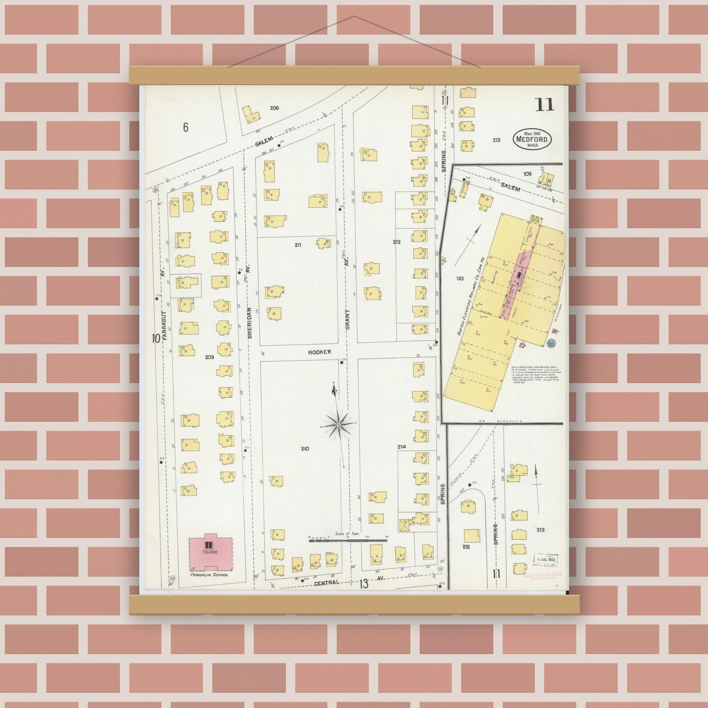Old map wall art mockup — magnetic wood frame on brick wall — Sanborn Fire Insurance Map from Medford, Middlesex County, Massachusetts (1903), Sheet #0011