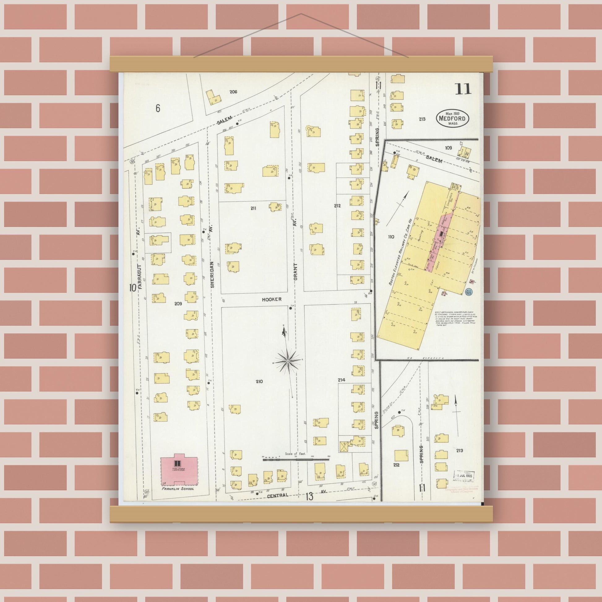 Old map wall art mockup — magnetic wood frame on brick wall — Sanborn Fire Insurance Map from Medford, Middlesex County, Massachusetts (1903), Sheet #0011