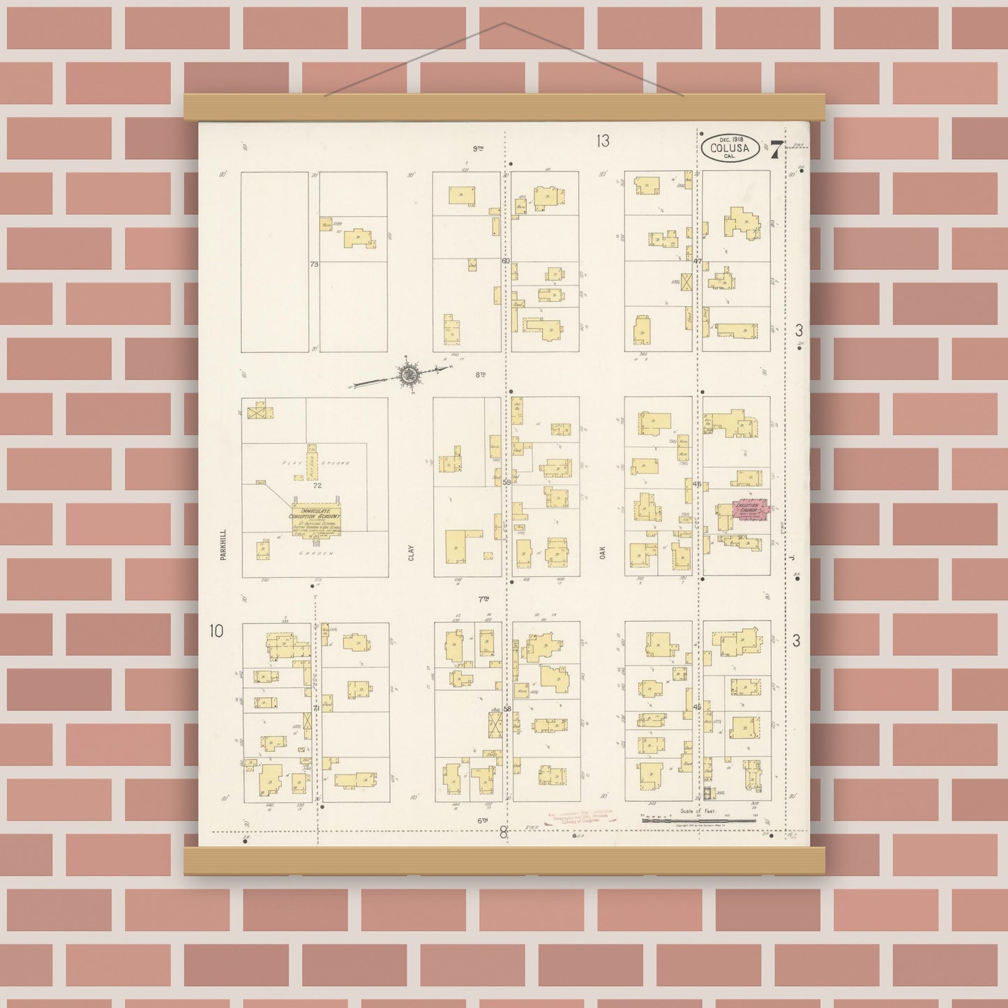 Old map wall art mockup — magnetic wood frame on brick wall — Sanborn Fire Insurance Map from Colusa, Colusa County, California (1918), Sheet #0007