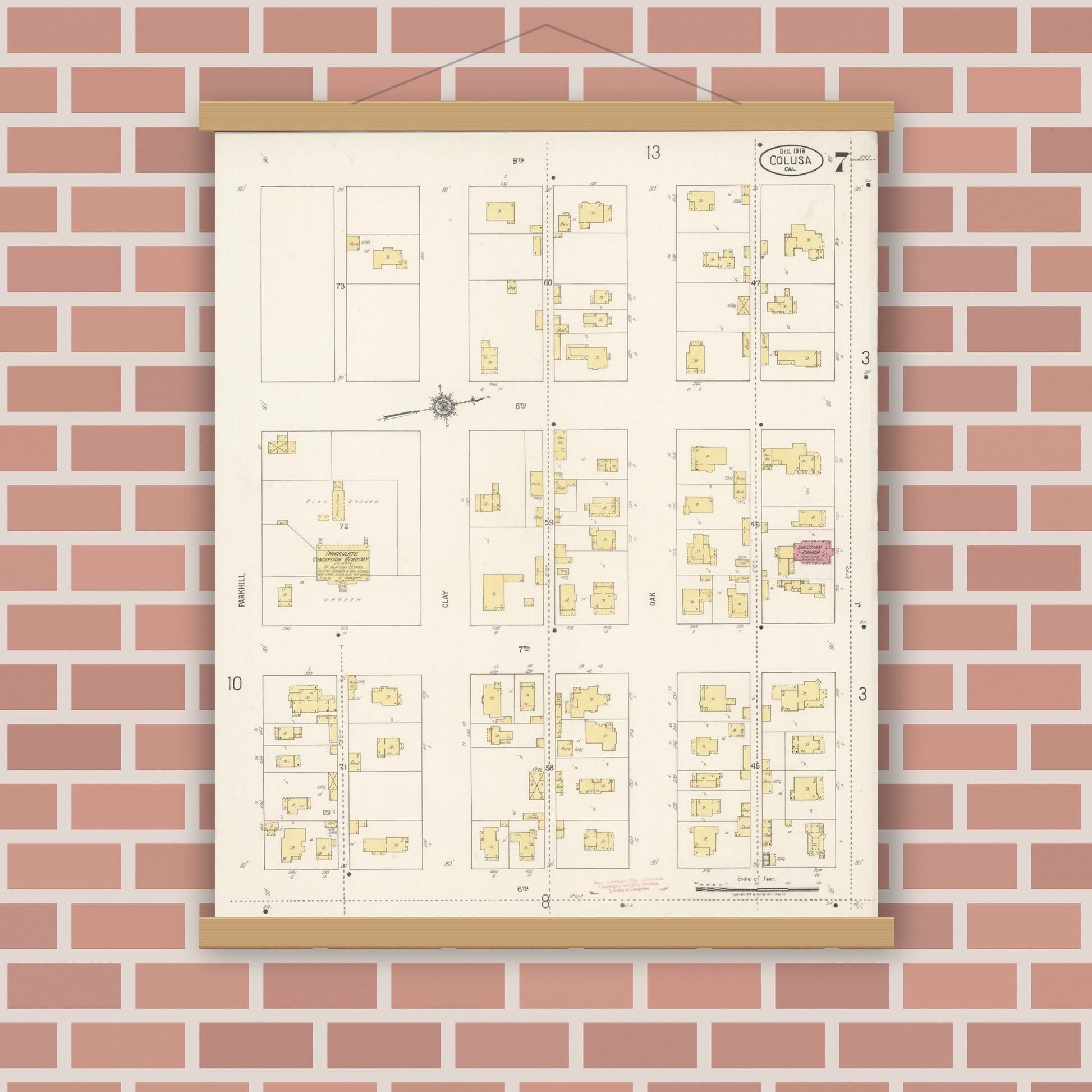 Old map wall art mockup — magnetic wood frame on brick wall — Sanborn Fire Insurance Map from Colusa, Colusa County, California (1918), Sheet #0007