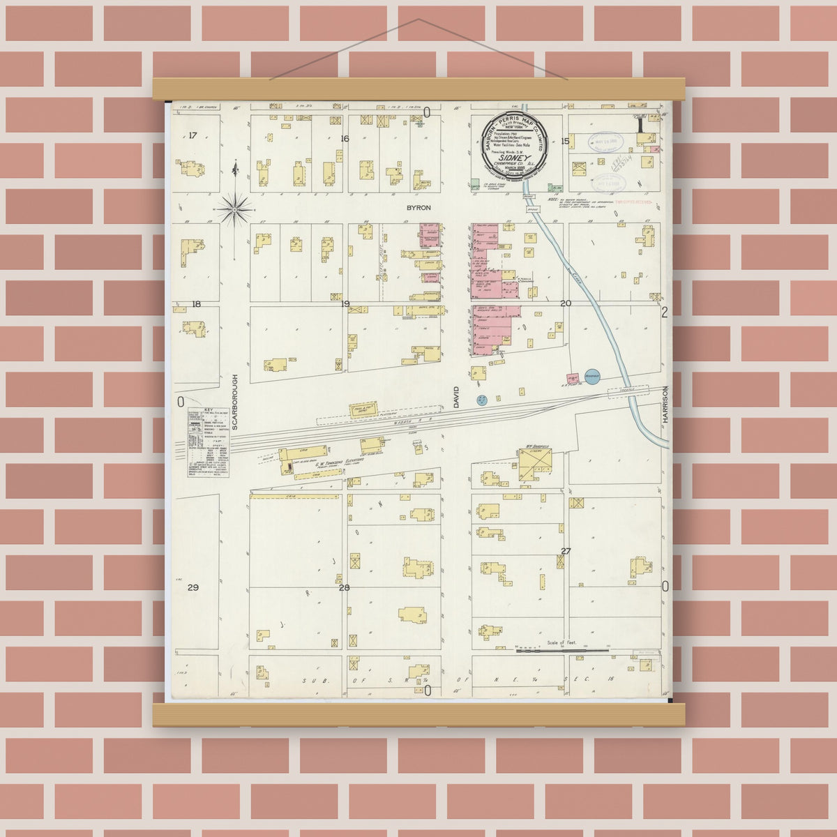 Old map wall art mockup — magnetic wood frame on brick wall — Sanborn Fire Insurance Map from Sidney, Champaign County, Illinois (1898), Sheet #0001