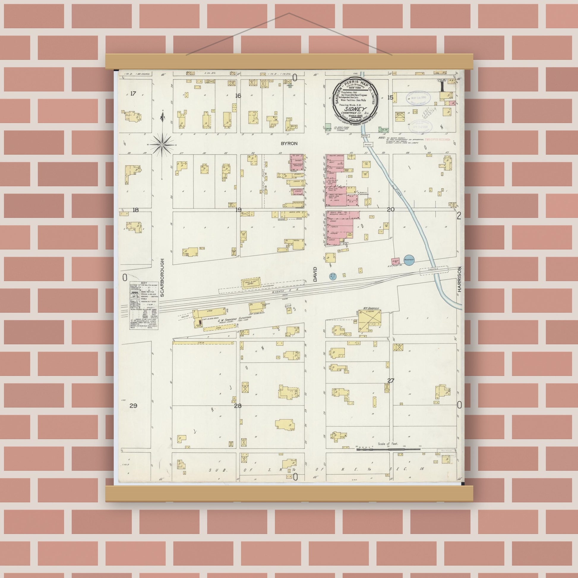 Old map wall art mockup — magnetic wood frame on brick wall — Sanborn Fire Insurance Map from Sidney, Champaign County, Illinois (1898), Sheet #0001