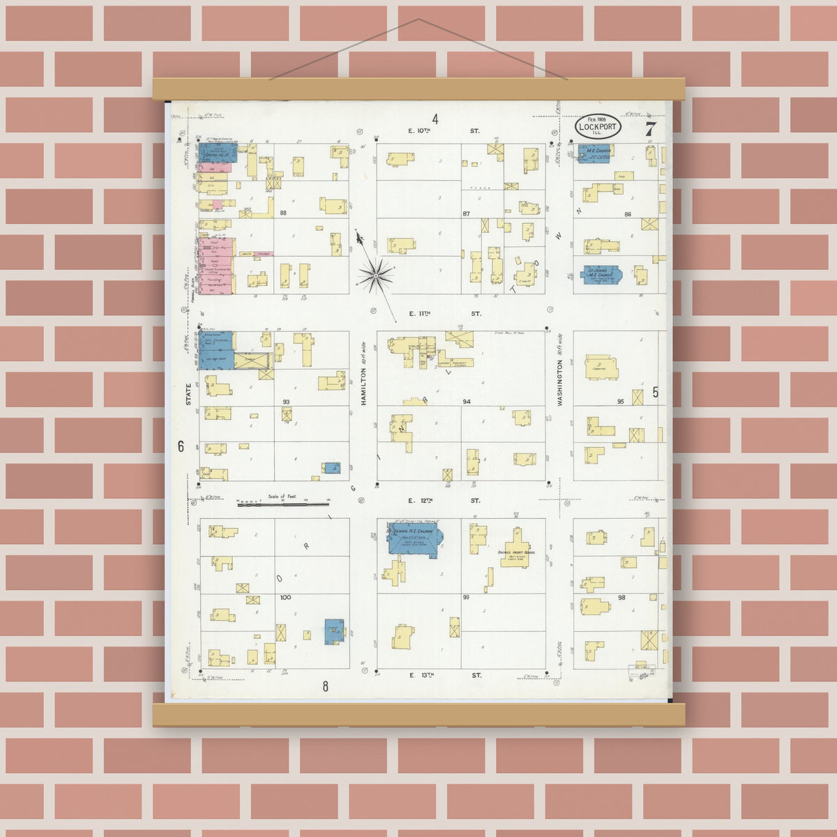 Old map wall art mockup — magnetic wood frame on brick wall — Sanborn Fire Insurance Map from Lockport, Will County, Illinois (1909), Sheet #0007