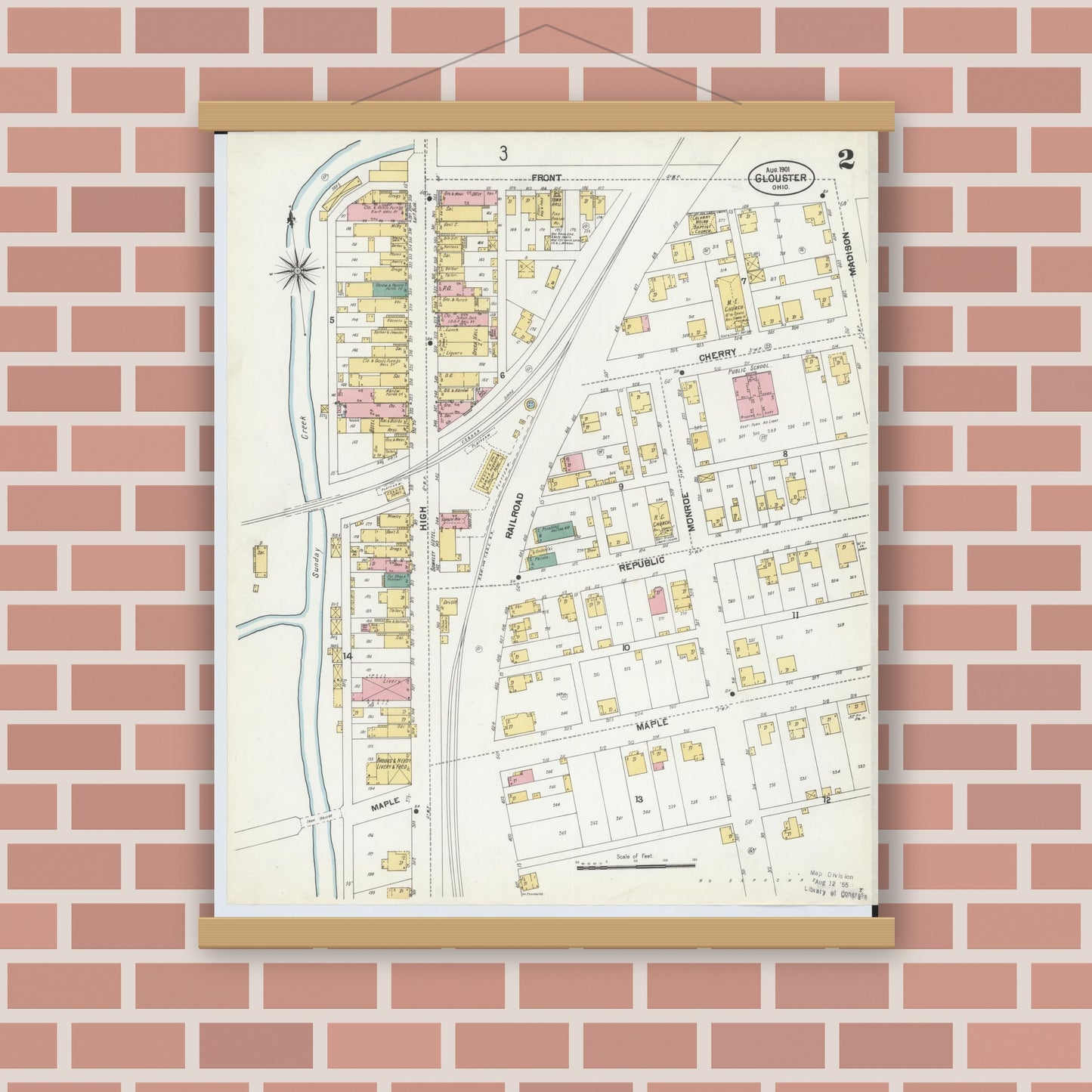Old map wall art mockup — magnetic wood frame on brick wall — Sanborn Fire Insurance Map from Glouster, Athens County, Ohio (1901), Sheet #0002