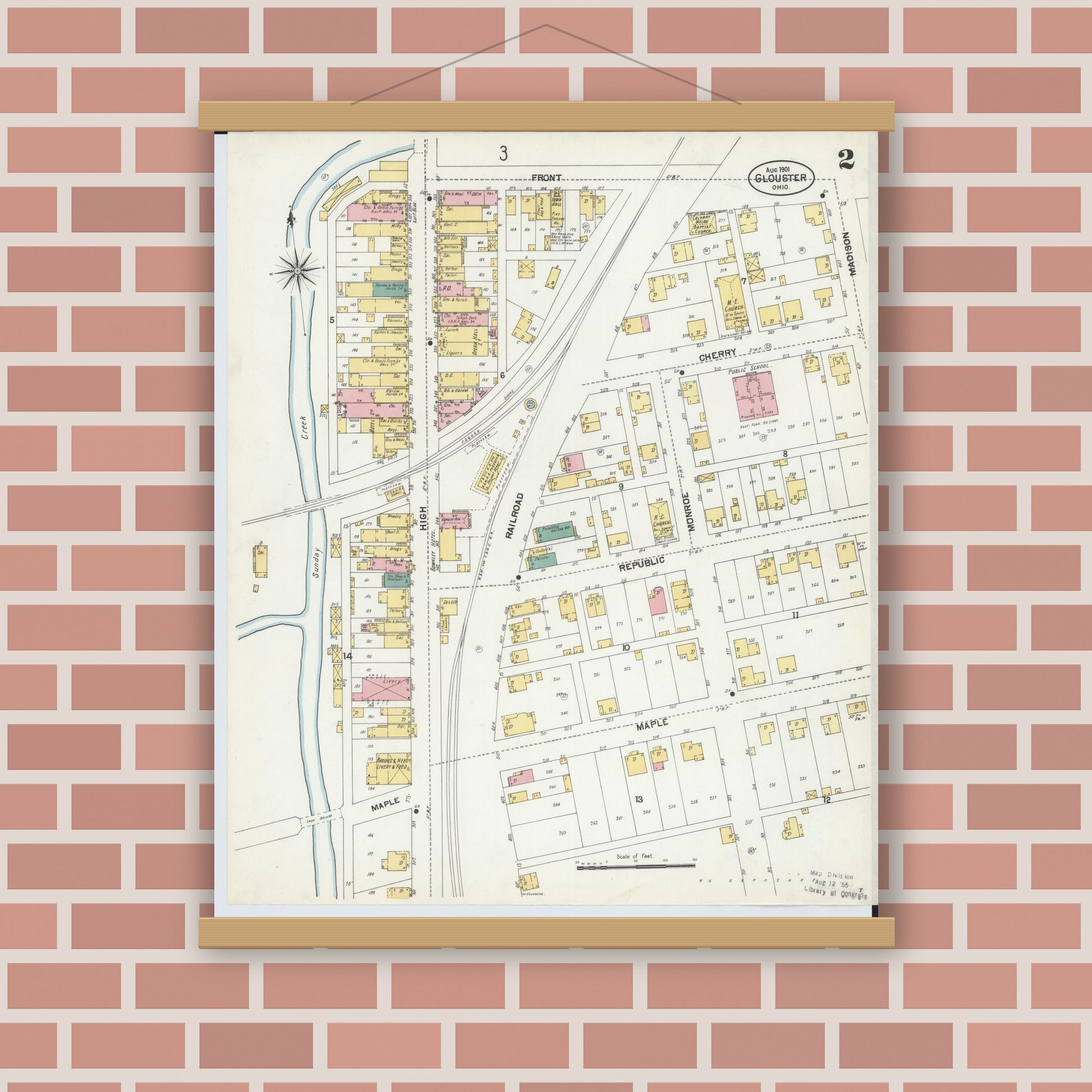 Old map wall art mockup — magnetic wood frame on brick wall — Sanborn Fire Insurance Map from Glouster, Athens County, Ohio (1901), Sheet #0002