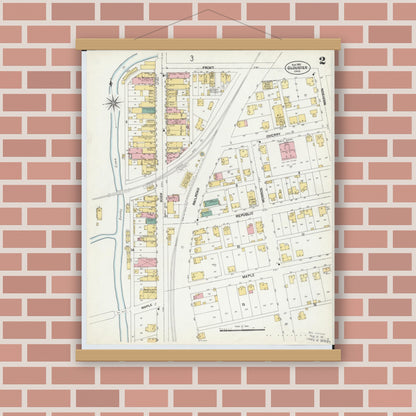 Old map wall art mockup — magnetic wood frame on brick wall — Sanborn Fire Insurance Map from Glouster, Athens County, Ohio (1901), Sheet #0002