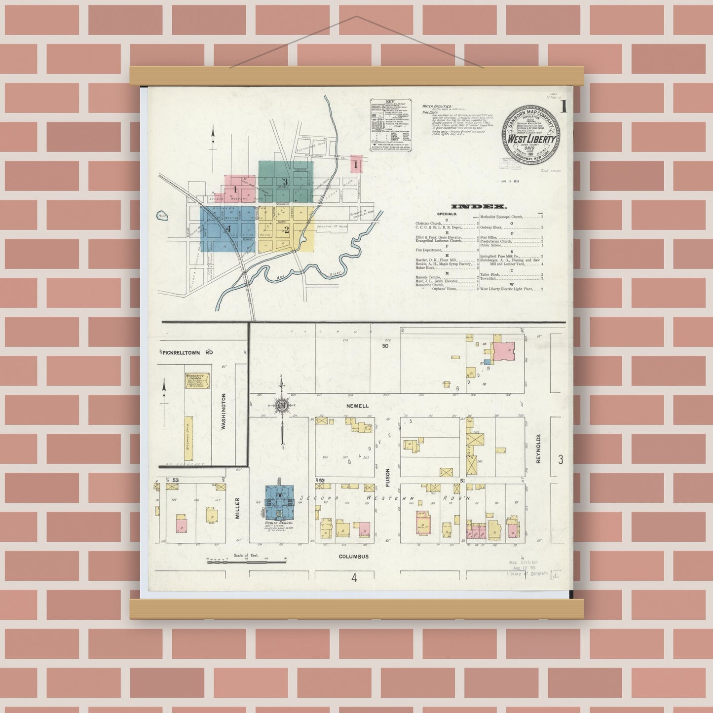 Old map wall art mockup — magnetic wood frame on brick wall — Sanborn Fire Insurance Map from West Liberty, Logan County, Ohio (1911), Sheet #0001