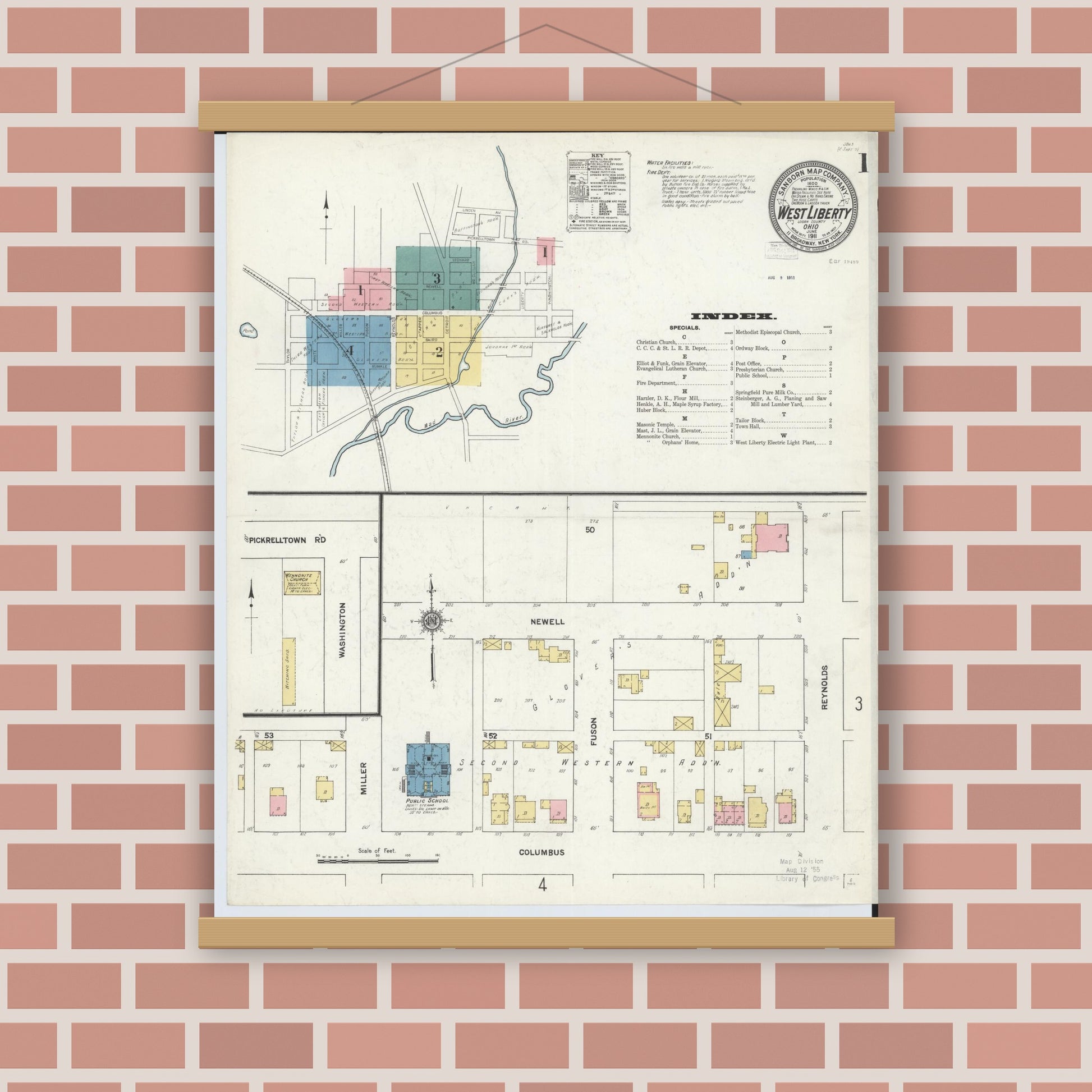Old map wall art mockup — magnetic wood frame on brick wall — Sanborn Fire Insurance Map from West Liberty, Logan County, Ohio (1911), Sheet #0001