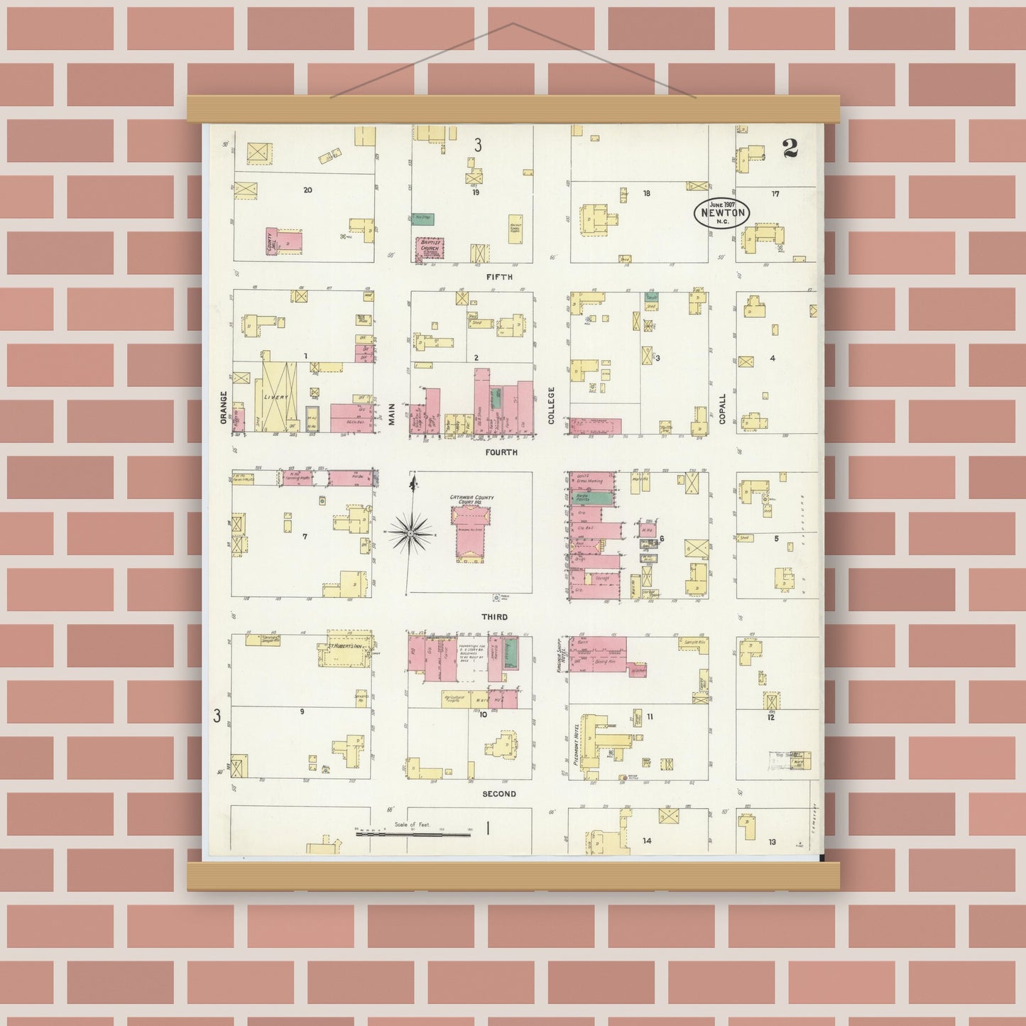 Old map wall art mockup — magnetic wood frame on brick wall — Sanborn Fire Insurance Map from Newton, Catawba County, North Carolina (1907), Sheet #0002