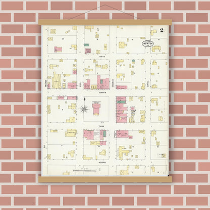 Old map wall art mockup — magnetic wood frame on brick wall — Sanborn Fire Insurance Map from Newton, Catawba County, North Carolina (1907), Sheet #0002