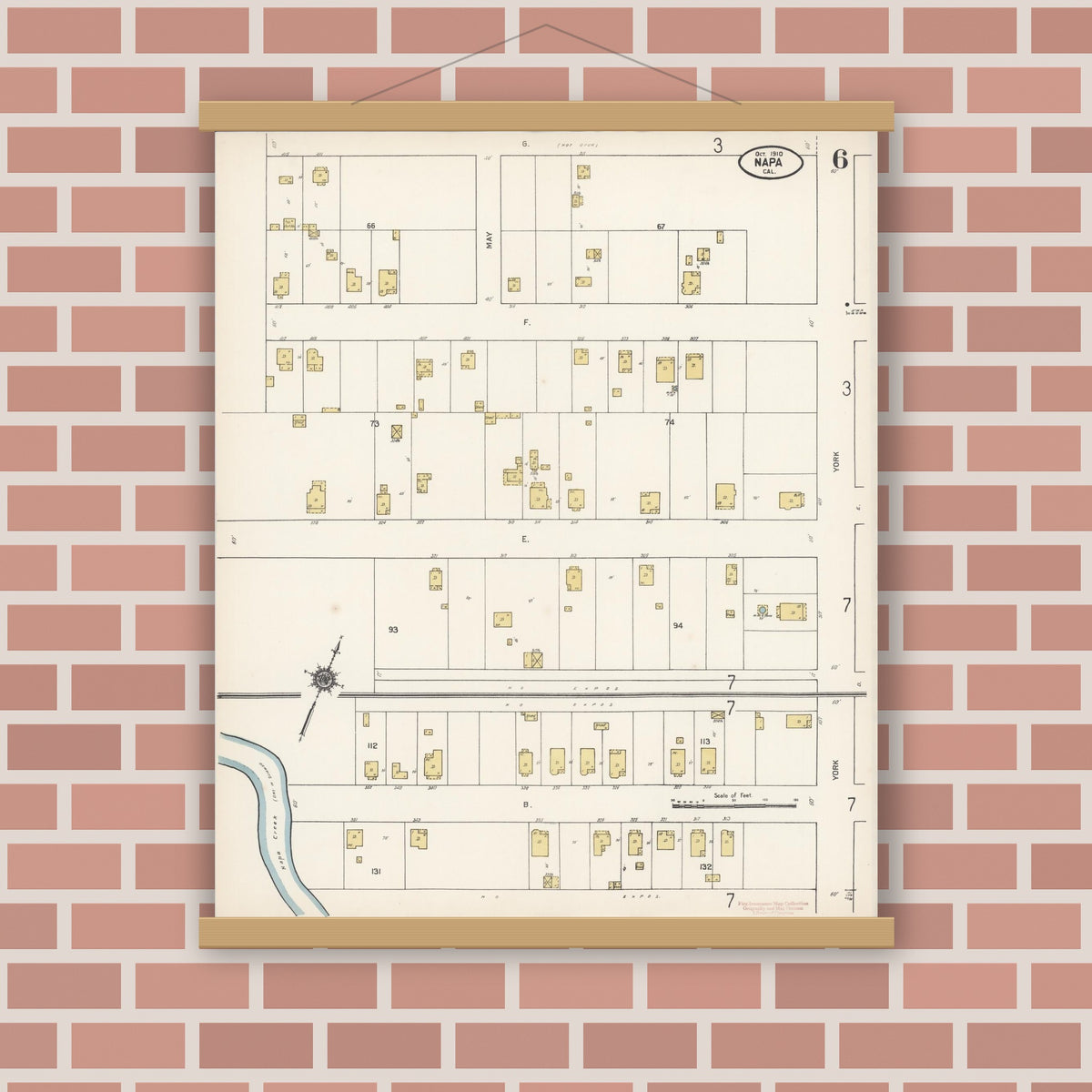 Old map wall art mockup — magnetic wood frame on brick wall — Sanborn Fire Insurance Map from Napa, Napa County, California (1910), Sheet #0006