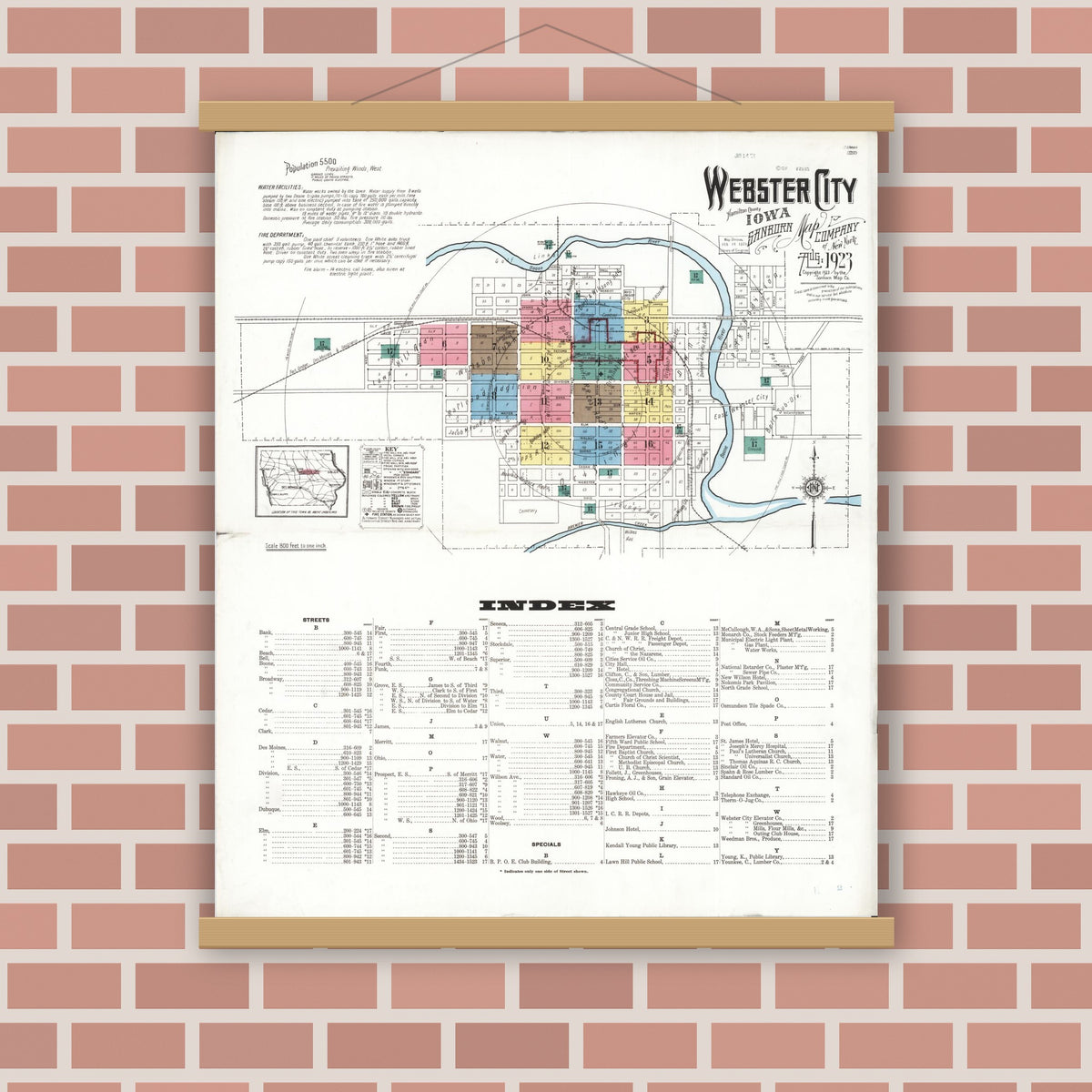 Old map wall art mockup — magnetic wood frame on brick wall — Sanborn Fire Insurance Map from Webster City, Hamilton County, Iowa (1923), Sheet #0001