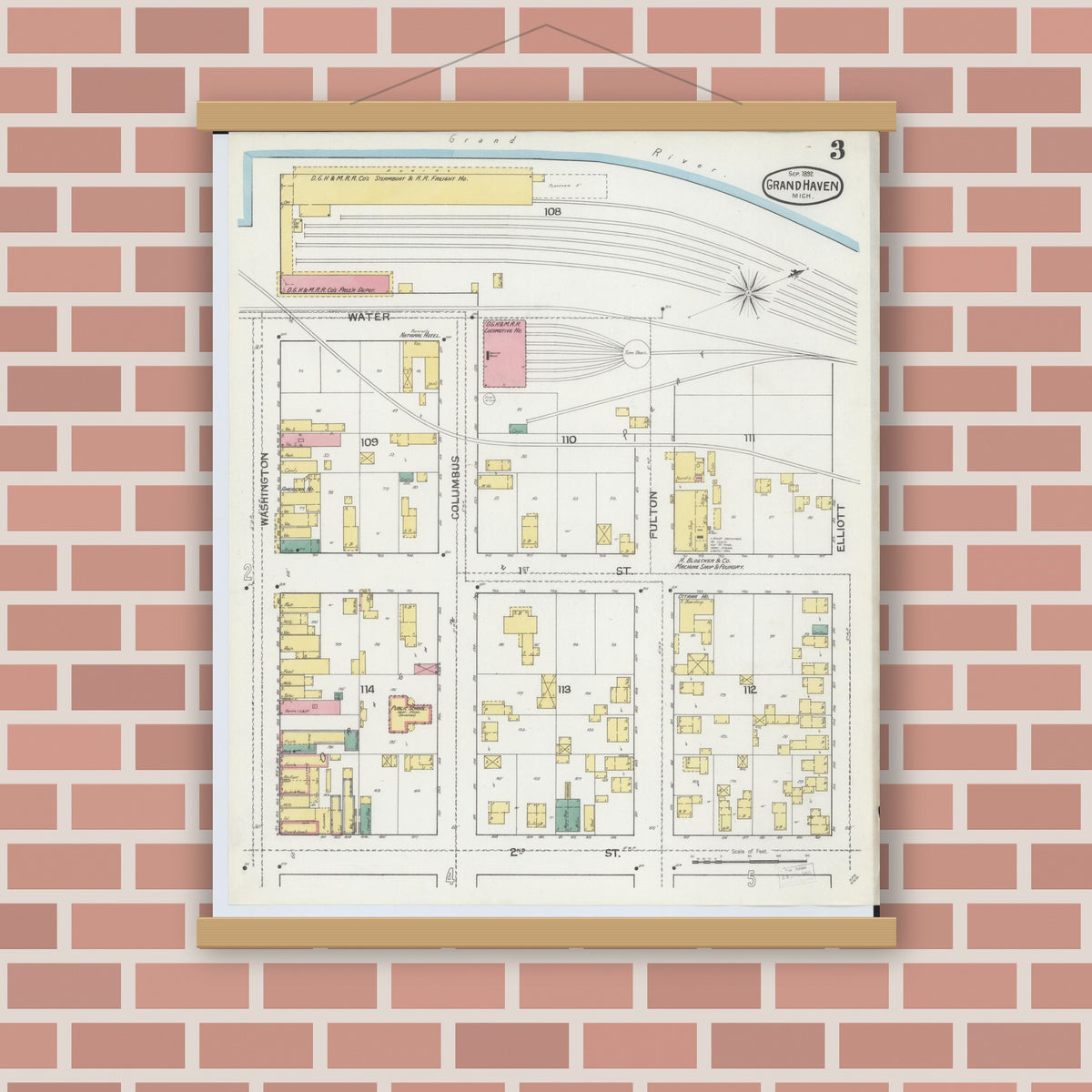 Old map wall art mockup — magnetic wood frame on brick wall — Sanborn Fire Insurance Map from Grand Haven, Ottawa County, Michigan (1892), Sheet #0003