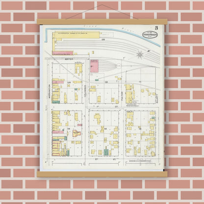 Old map wall art mockup — magnetic wood frame on brick wall — Sanborn Fire Insurance Map from Grand Haven, Ottawa County, Michigan (1892), Sheet #0003