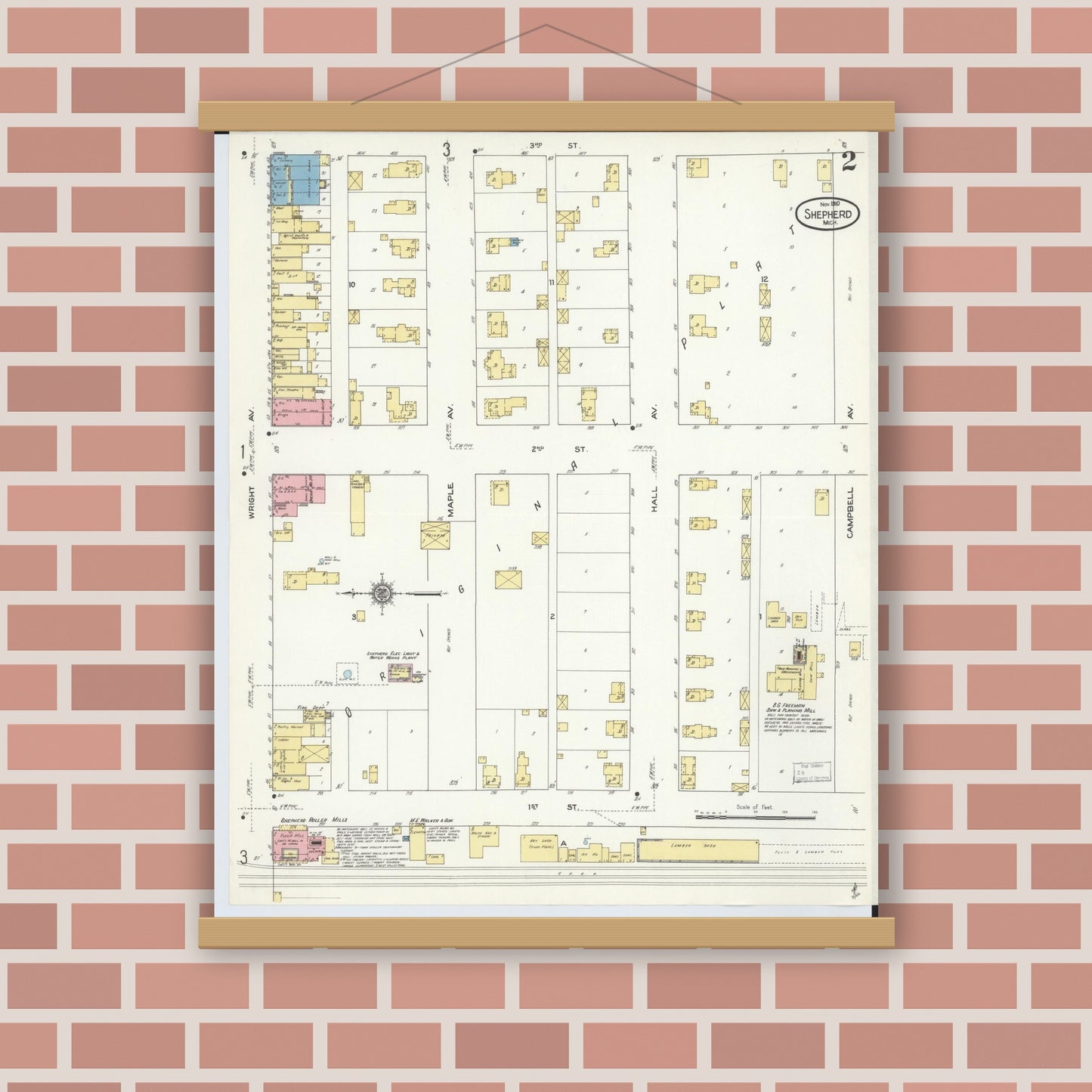 Old map wall art mockup — magnetic wood frame on brick wall — Sanborn Fire Insurance Map from Shepherd, Isabella County, Michigan (1910), Sheet #0002