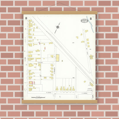 Old map wall art mockup — magnetic wood frame on brick wall — Sanborn Fire Insurance Map from Franklin, Independent Cities, Virginia (1923), Sheet #0008