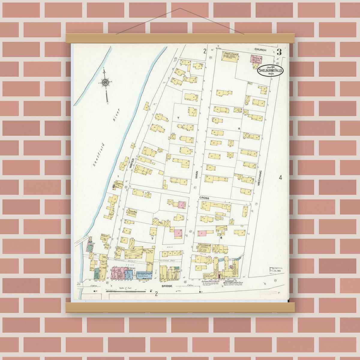 Old map wall art mockup — magnetic wood frame on brick wall — Sanborn Fire Insurance Map from Shelburne Falls, Franklin County, Massachusetts (1910), Sheet #0003