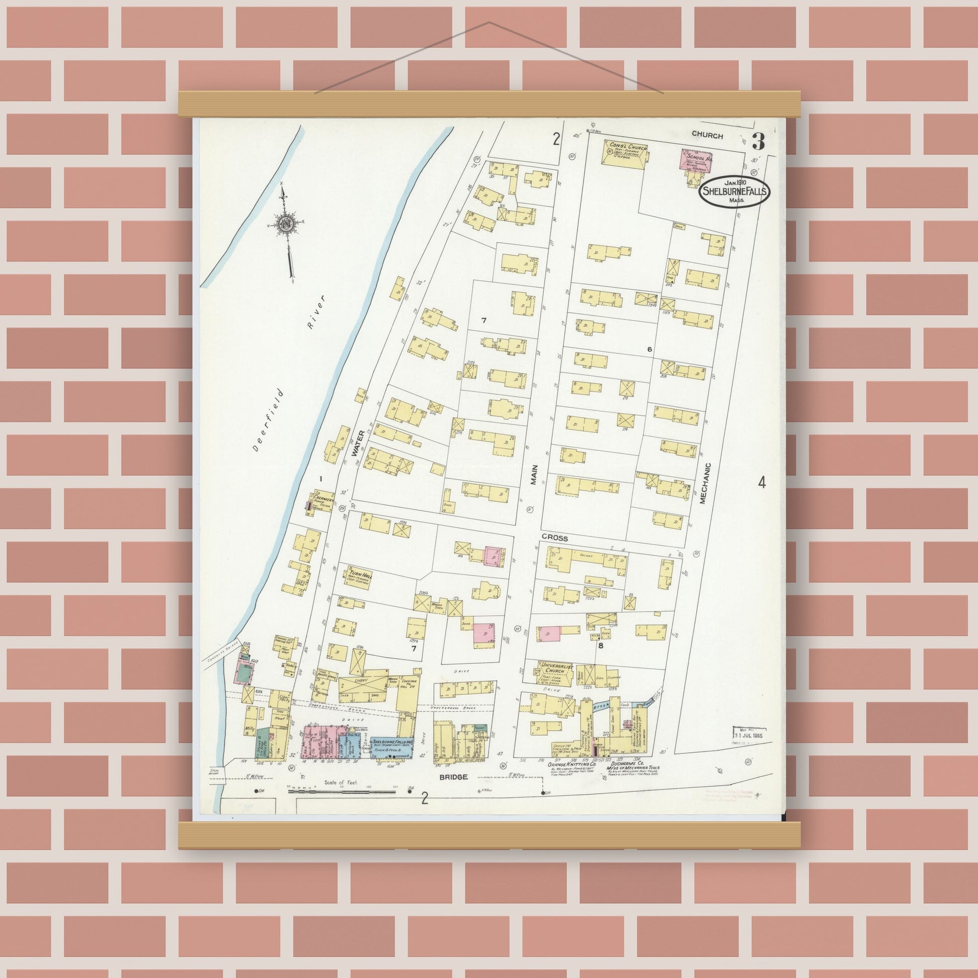 Old map wall art mockup — magnetic wood frame on brick wall — Sanborn Fire Insurance Map from Shelburne Falls, Franklin County, Massachusetts (1910), Sheet #0003
