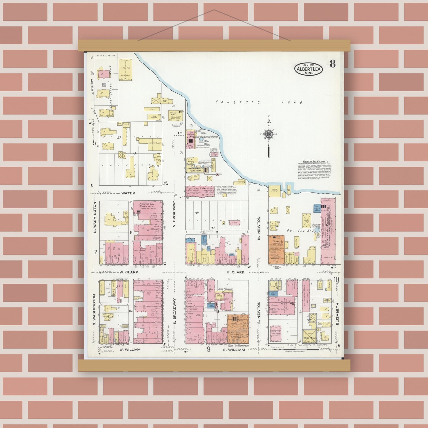 Old map wall art mockup — magnetic wood frame on brick wall — Sanborn Fire Insurance Map from Albert Lea, Freeborn County, Minnesota (1918), Sheet #0008