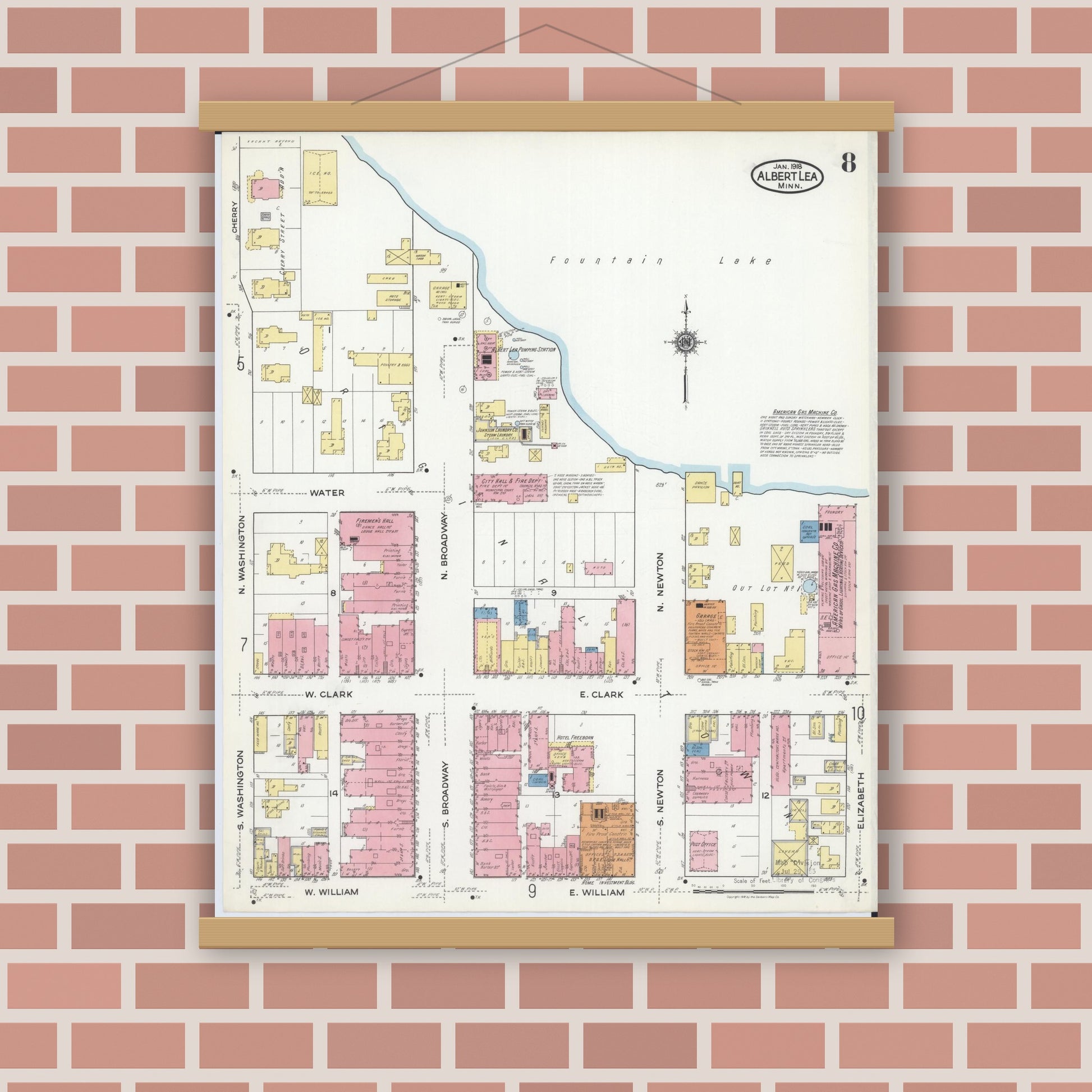 Old map wall art mockup — magnetic wood frame on brick wall — Sanborn Fire Insurance Map from Albert Lea, Freeborn County, Minnesota (1918), Sheet #0008