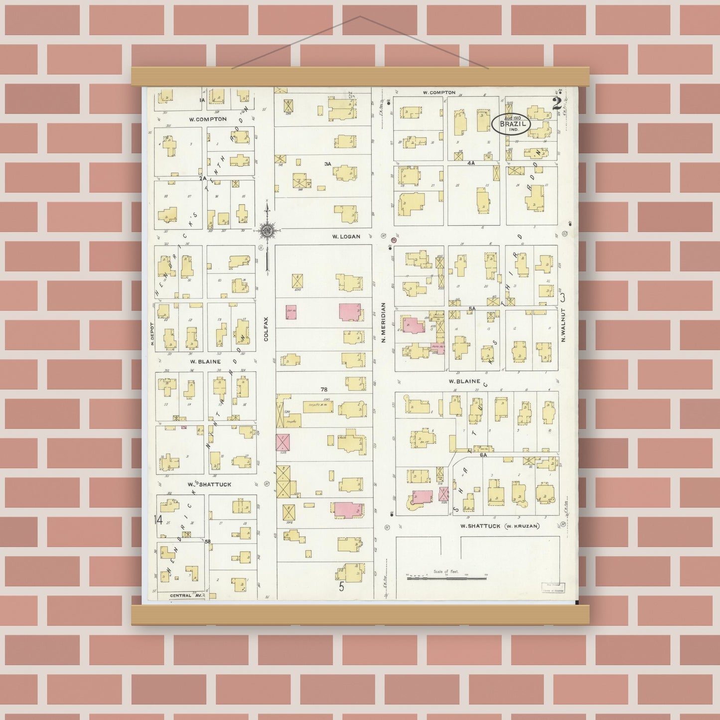 Old map wall art mockup — magnetic wood frame on brick wall — Sanborn Fire Insurance Map from Brazil, Clay County, Indiana (1910), Sheet #0002