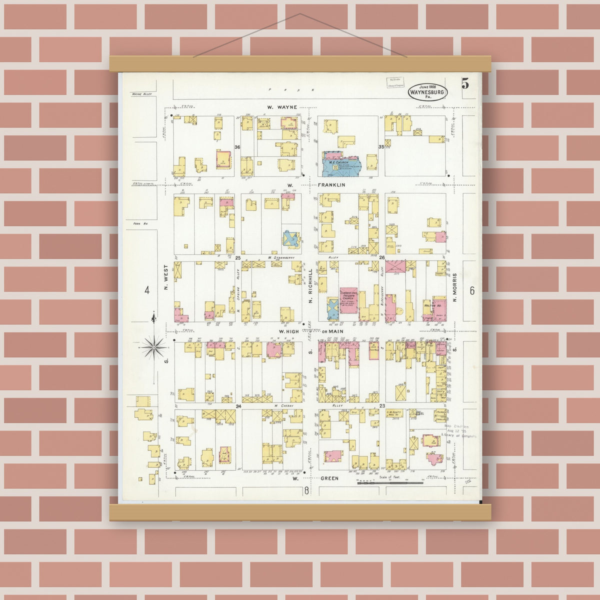 Old map wall art mockup — magnetic wood frame on brick wall — Sanborn Fire Insurance Map from Waynesburg, Greene County, Pennsylvania (1908), Sheet #0005
