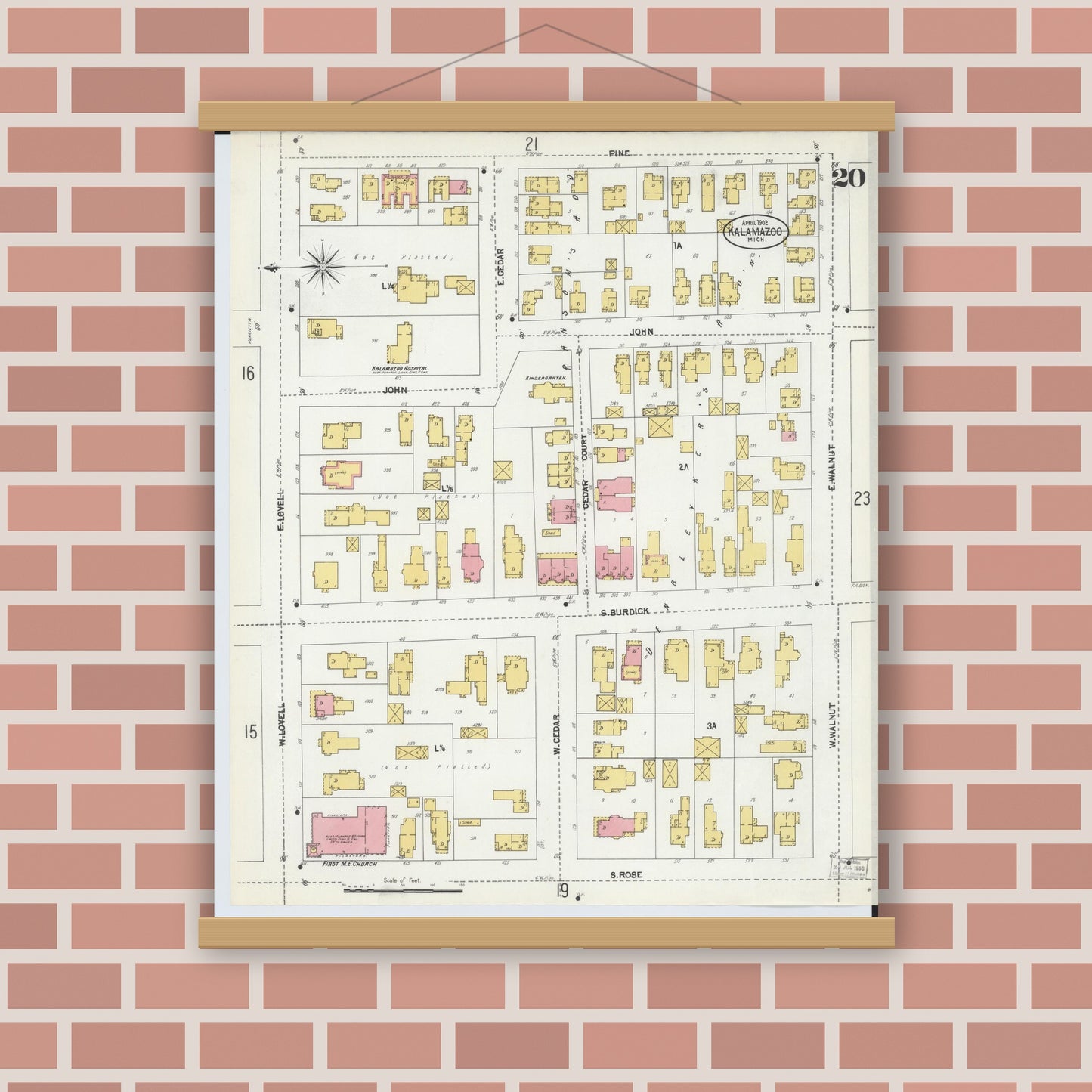 Old map wall art mockup — magnetic wood frame on brick wall — Sanborn Fire Insurance Map from Kalamazoo, Kalamazoo County, Michigan (1902), Sheet #0020