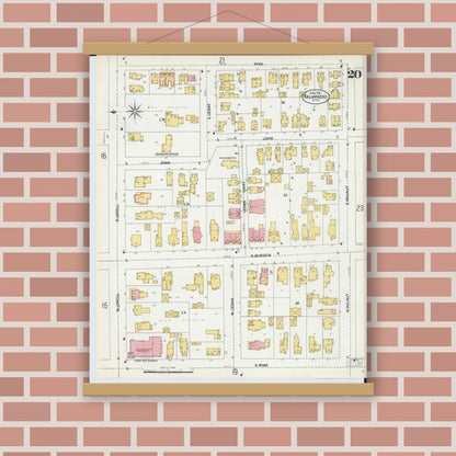 Old map wall art mockup — magnetic wood frame on brick wall — Sanborn Fire Insurance Map from Kalamazoo, Kalamazoo County, Michigan (1902), Sheet #0020