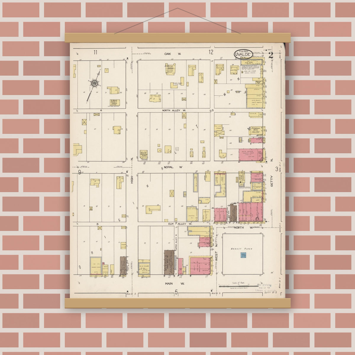 Old map wall art mockup — magnetic wood frame on brick wall — Sanborn Fire Insurance Map from Uvalde, Uvalde County, Texas (1922), Sheet #0002