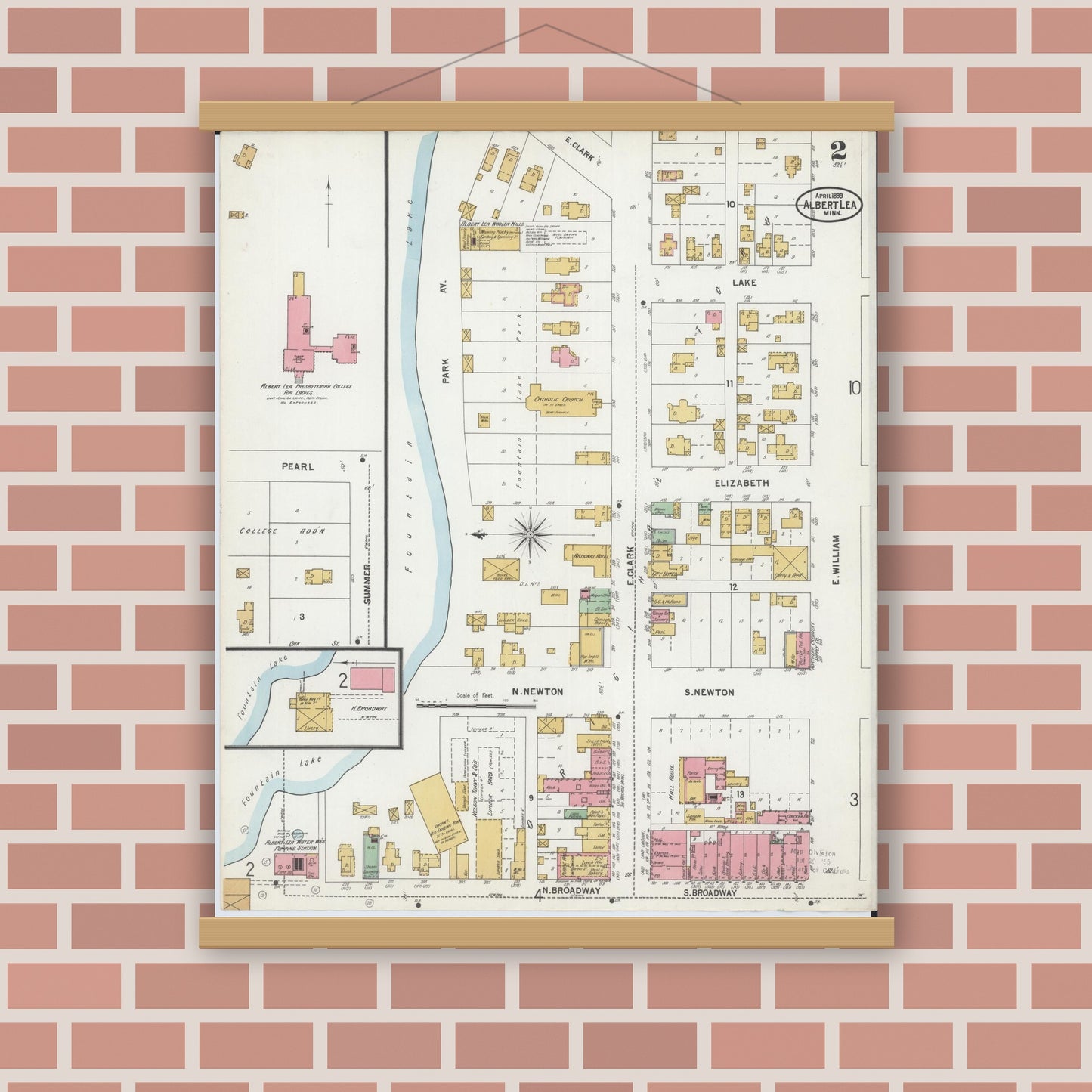 Old map wall art mockup — magnetic wood frame on brick wall — Sanborn Fire Insurance Map from Albert Lea, Freeborn County, Minnesota (1899), Sheet #0002