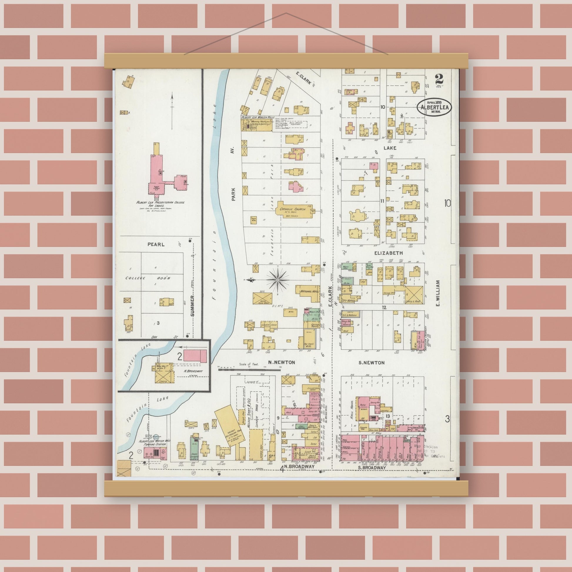 Old map wall art mockup — magnetic wood frame on brick wall — Sanborn Fire Insurance Map from Albert Lea, Freeborn County, Minnesota (1899), Sheet #0002