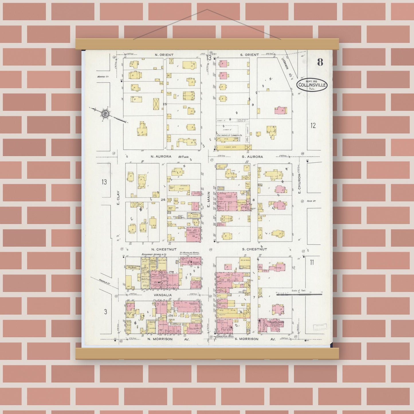 Old map wall art mockup — magnetic wood frame on brick wall — Sanborn Fire Insurance Map from Collinsville, Madison County, Illinois (1915), Sheet #0008