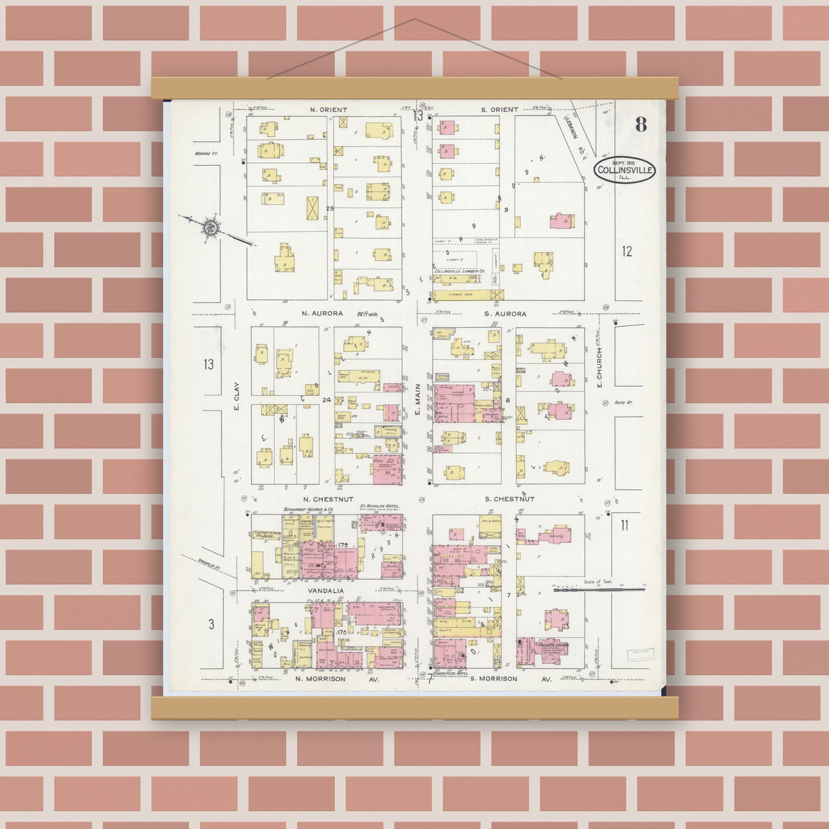 Old map wall art mockup — magnetic wood frame on brick wall — Sanborn Fire Insurance Map from Collinsville, Madison County, Illinois (1915), Sheet #0008