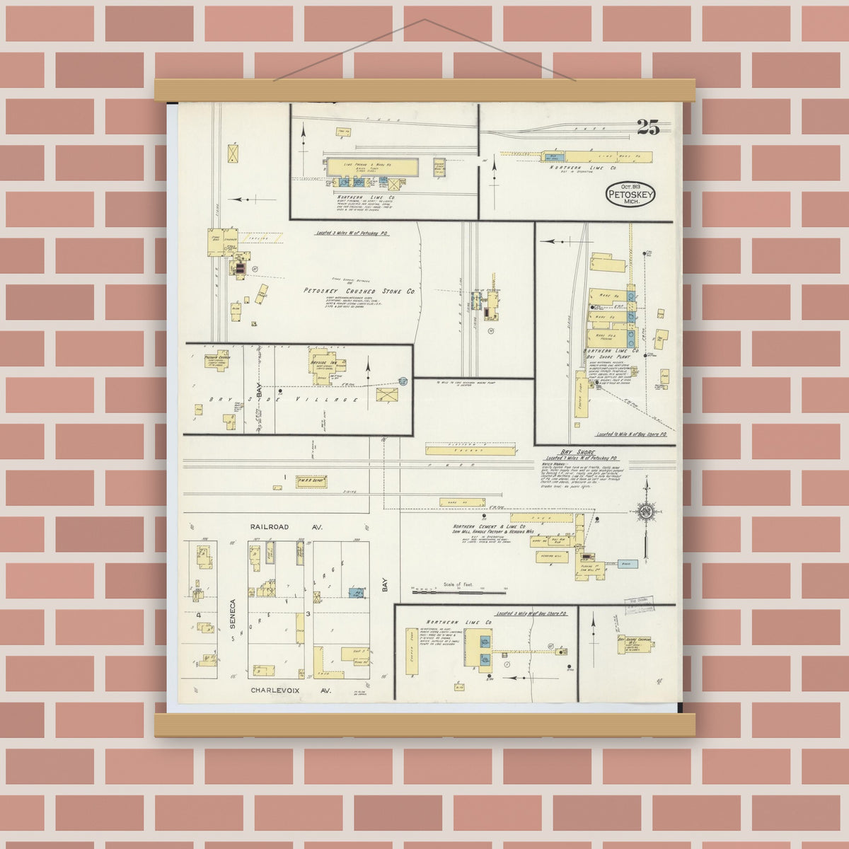 Old map wall art mockup — magnetic wood frame on brick wall — Sanborn Fire Insurance Map from Petoskey, Emmet County, Michigan (1913), Sheet #0025
