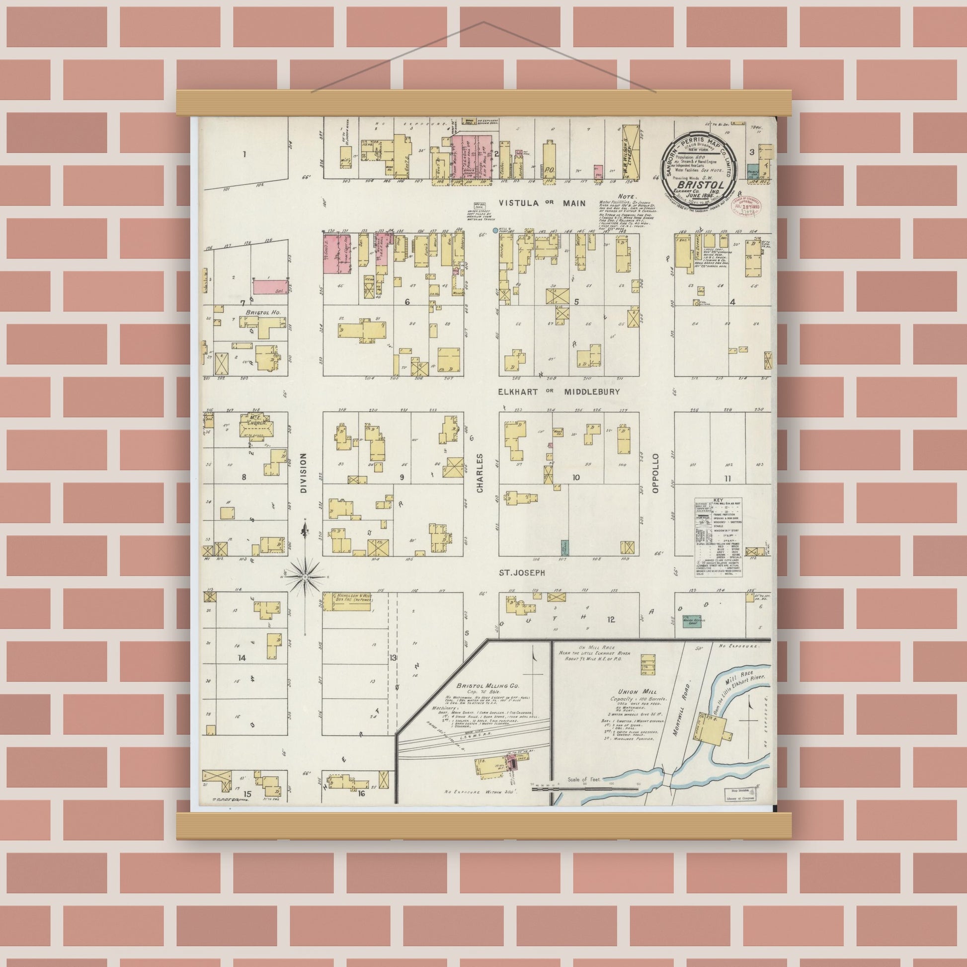 Old map wall art mockup — magnetic wood frame on brick wall — Sanborn Fire Insurance Map from Bristol, Elkhart County, Indiana (1895), Sheet #0001