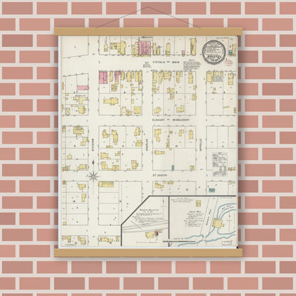 Old map wall art mockup — magnetic wood frame on brick wall — Sanborn Fire Insurance Map from Bristol, Elkhart County, Indiana (1895), Sheet #0001