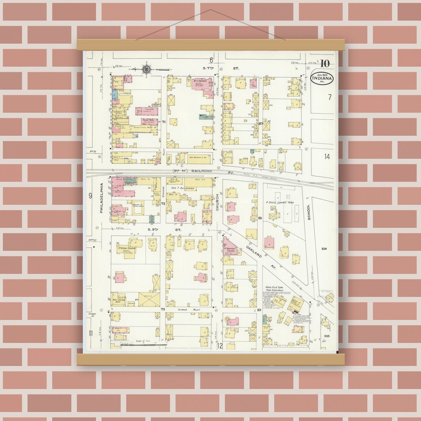 Old map wall art mockup — magnetic wood frame on brick wall — Sanborn Fire Insurance Map from Indiana, Indiana County, Pennsylvania (1910), Sheet #0010